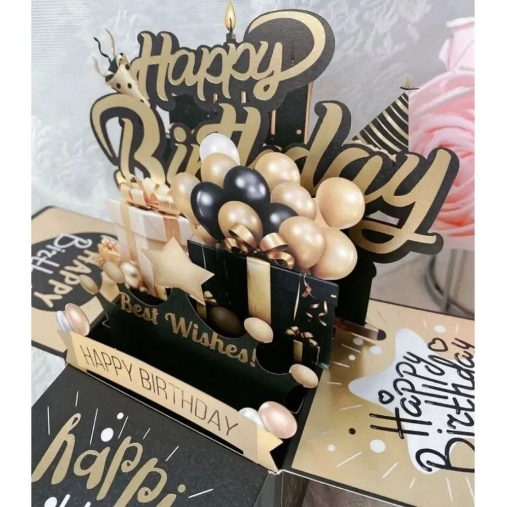 3D Pop-Up Greeting Card Black Gold Balloon Birthday Father Mother Office